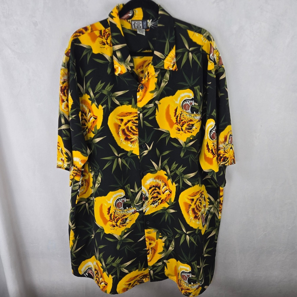 Trust Mens 3XL Tiger VTG Print Shirt Black Yellow Short Sleeve Button Down Big